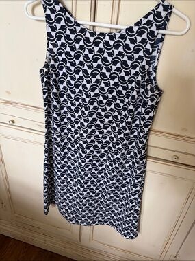 Sleeveless Blue & White Geometric Shift Dress